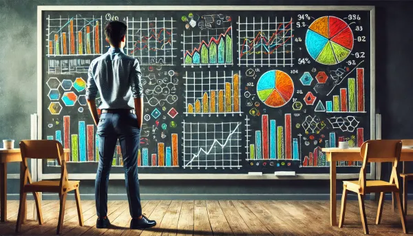 A professional in a dark suit stands in front of a blackboard covered with equations and graphs.