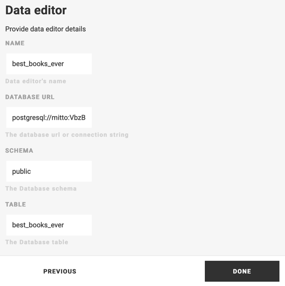 Completed Data Editor wizard